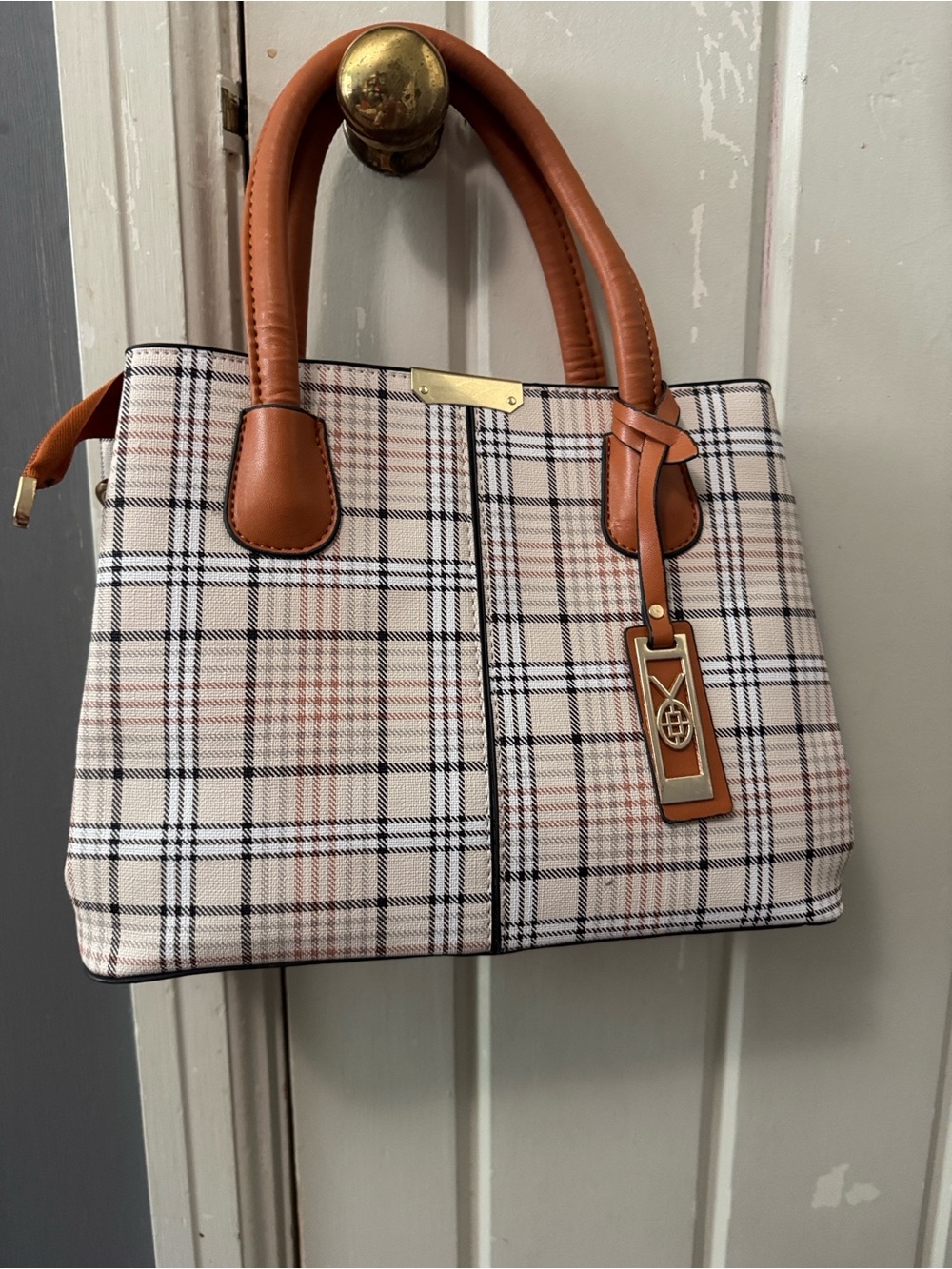 Plaid Tote Handbag with Tan Leather Handles